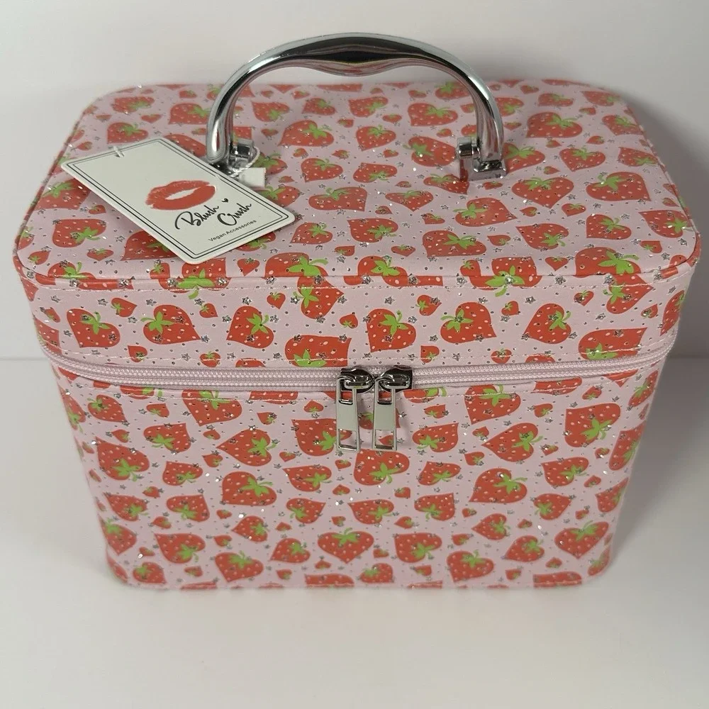 Pink Strawberry Makeup Train Case Cosmetic Bag Glitter Vanity Storage Case Y2K